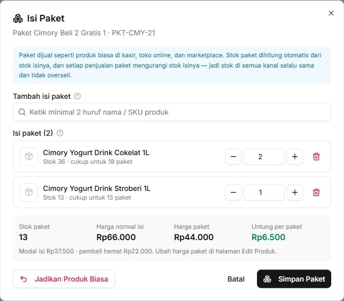 Dialog Isi Paket berisi dua produk, dengan ringkasan stok paket, harga normal isi, harga paket, dan untung per paket