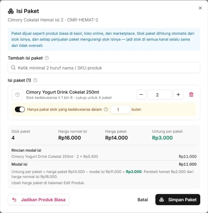 Dialog Isi Paket dengan switch Hanya pakai stok yang kedaluwarsa dalam 1 bulan menyala; stok paket 4