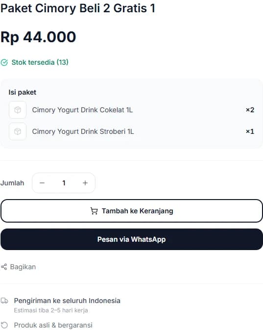 Halaman produk paket di toko online dengan kotak Isi paket